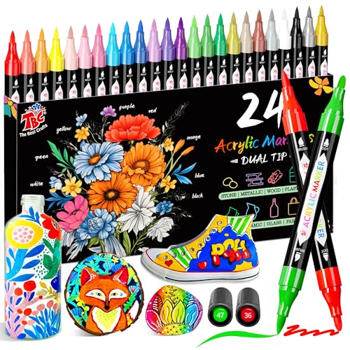 TBC The Best Crafts Acrylic Paint Markers, 24 Colors Dual Tip – Waterproof, Non-Toxic, Fast-Drying Art Pens for Rock Painting, Wood, Glass, Ceramic, Fabric – Art Supplies for Artists & Hobbyists - color: 24 Colors