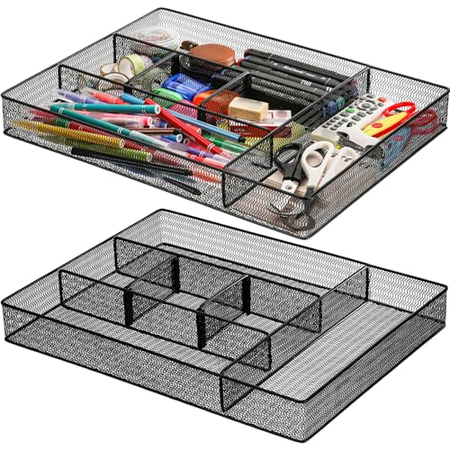 Hiceeden 2 Pack Mesh Desk Drawer Organizer, 16.1"x12.2"x2" Large Desk Organizer Tray with 2 Removable Dividers, 6 Compartment Metal Organizers for Home, Office, Makeup & Vanity