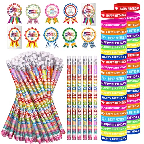 296 Pcs Birthday Pencils Set: 48 Happy Birthday Pencils, 48 Wristbands, 200 Badge Stickers for Teacher, Classroom, Party Supply