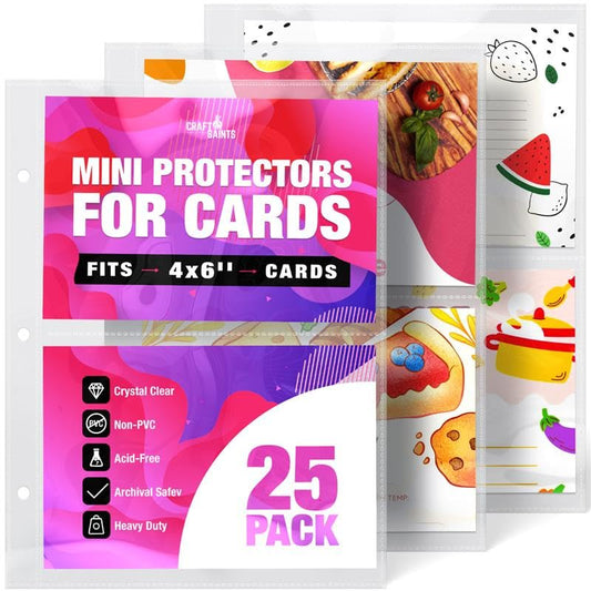50 Pockets Mini Sheet Protectors fit 4x6'' Cards (Pack of 25) for 8.5x9.5’’ Mini Binders, Half Binders, Recipe Book Page Refill Sheets, 2 Pocket Index Card Protectors, Crystal Clear Covers - size: Mini 2 Pocket (6.9x8.5"), style: 25 Pack
