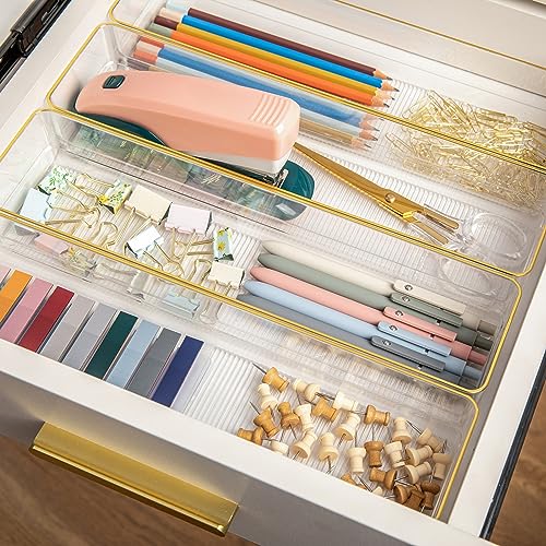 Martha Stewart Kerry Plastic Stackable Office Desk Drawer Organizers, 9" x 3", 8 Pack, with Gold Trim - size: 9" x 3"