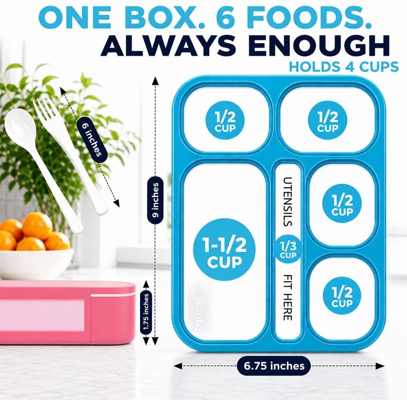 kinsho Lunch Boxes for Kids Boys Girls - Bento Box Set of 2, with Insulated Bag & Ice Pack, 6 Compartment Leak Proof Container, BPA-Free, Microwave Safe, Ideal for School & Work, Blue & Pink - color: Blue + Pink