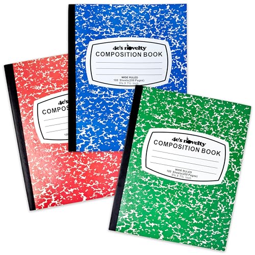 4E's Novelty Wide Ruled Composition Notebooks - Pack of 3-100 Sheets 9.75" x 7.5" - Hard Cover Red Blue Green Cute Marble Colors, Bulk Compositon Book Wide Ruling, Back to School Supplies - size: 3 Pack