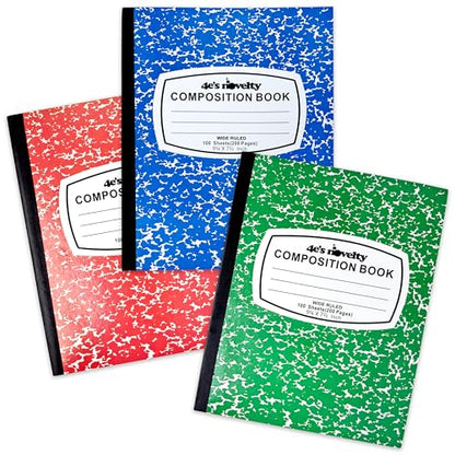 4E's Novelty Wide Ruled Composition Notebooks - Pack of 3-100 Sheets 9.75" x 7.5" - Hard Cover Red Blue Green Cute Marble Colors, Bulk Compositon Book Wide Ruling, Back to School Supplies - size: 3 Pack