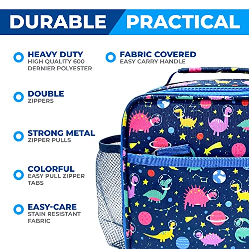 Dinosaur Bento Lunch Box for Boys with Thermo Stainless Steel Food Jar for Hot Food Soup, Insulated Dinosaur Lunch Bag and Ice Pack Set, Kids Container Boxes with 4 Compartments, Blue Space Dino - color: Blue Rocket Dino Set