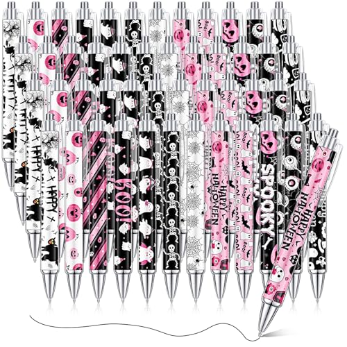 Cholemy 48 Pcs Halloween Pens Bulk Halloween Party Ballpoint Pens Retractable Novelty Boo Pink Pumpkin Ghost Skeleton Spider Gel Ink for Office Party Supplies - style: Pink Pumpkin