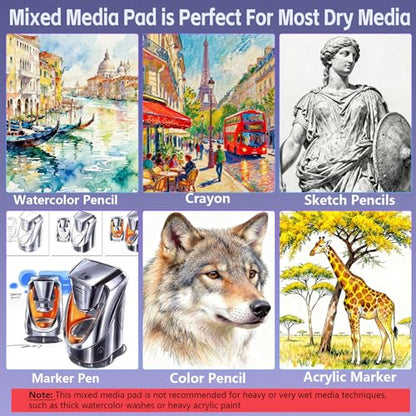 joibabe Spiral Bound Mixed Media Sketchbook, 160 GSM/98LB Heavyweight Acid Free Paper, 60 Sheets, 9x12 Inch Art Notebook for Drawing, Watercolor, Acrylic, Sketching, 1 Pack - size: 9" x 12"