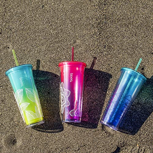bzyoo 32 OZ 1 Liter Time Marker Water Bottle BPA Free Frosted Durable Plastic With Strap&24oz (710ml) Double Wall Plastic Tumbler with Lid and Straw