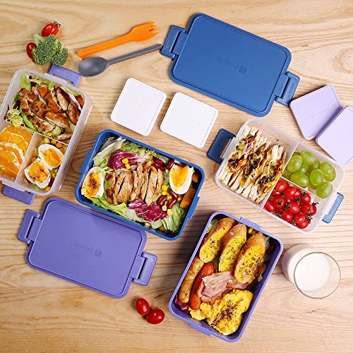 linoroso Stackable 2-Tier Adult Bento Box, 4 Compartments - Veri Peri | leakproof bento lunch box with fork & spoon + sauce cups, microwave/dishwasher safe, perfect for office, school & daily meals - color: Veri Peri