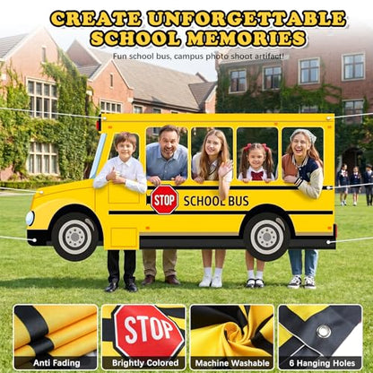 19 Pcs Back to School Decorations Set, School Bus Backdrop, Giant Inflatable Jumbo Crayons & Pencil Balloons, ABC 123 Letter Boxes for First Day of School Kindergarten Preschool Classroom Decor