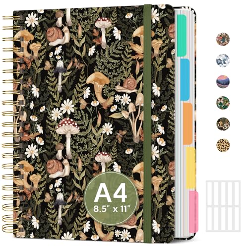 Large Spiral Lined Notebook for Work with Dividers & Tabs, 8.5"x11" Hardcover 5 Subject Notebook, College Ruled, 280 Pages, Mushroom - color: B - Mushroom