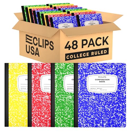 E-CLIPS USA Composition Notebook College Ruled Marble Composition Notebooks Bulk College Ruled Notebooks for Work 9.75" x 7.5" 100 sheets 200 Pages (48 Pack Assorted colors) - size: 48 Pack