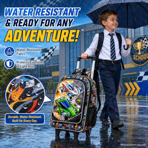 WZLVO 3PCS Kids Rolling Backpack, 18" Race Car Print Rolling Bookbag, Includes Matching Lunch Bag & Pencil Bag - Red Racing Speed - color: 3PCS Boys Rolling Backpack - Red Racing Speed
