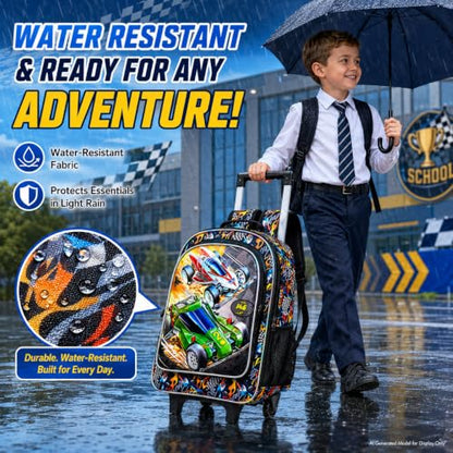 WZLVO 3PCS Kids Rolling Backpack, 18" Race Car Print Rolling Bookbag, Includes Matching Lunch Bag & Pencil Bag - Red Racing Speed - color: 3PCS Boys Rolling Backpack - Red Racing Speed