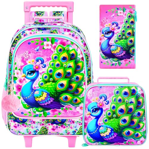 KLFVB Girls Bookbag with Wheels, 3PCS Kids Roller Backpack with Lunch Bag, Wheeled School Bag for Children - Peacock - color: Upgraded UV Printing Peacock Pink Rolling Backpack