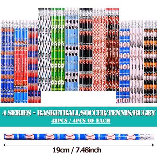 63 pcs Sports Pencils with Sports Ball Erasers, 48 pcs Funny Cute Wooden Pencils HB Drawing Pencil with 15 pcs Erasers for Sport Party School Stationery Reward Teacher Office Supplies