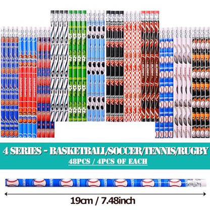 63 pcs Sports Pencils with Sports Ball Erasers, 48 pcs Funny Cute Wooden Pencils HB Drawing Pencil with 15 pcs Erasers for Sport Party School Stationery Reward Teacher Office Supplies