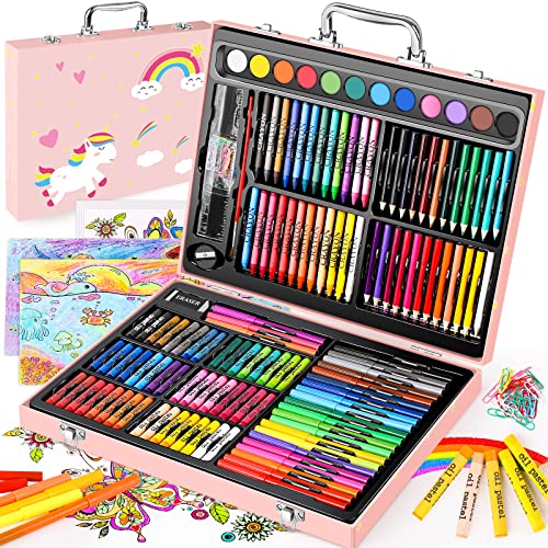 Soucolor 183 Art Set Drawing Painting Kit,Crayons Pastels Markers,Kids Gift | Crayons, Pastels, Markers, Pencils, Watercolors, Sketch Paper — Wooden Case, Non-Toxic, Birthday Gift. - style: Pink