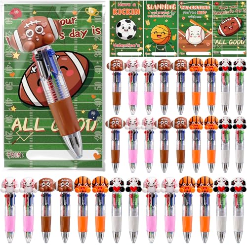 32 Sets Sports Multicolor Ballpoint Pens with Cards Exchange Gifts Bulk for Sports Lover, Football Soccer Basketball Baseball Team Gifts for Classroom Prizes Goodie Bags Stuffers Party Favors
