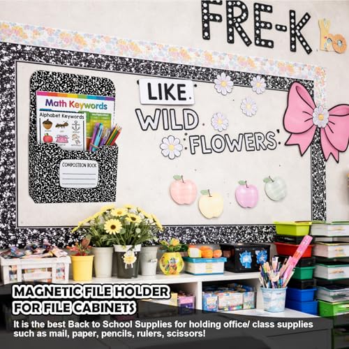 Gilprop 2 Pcs Composition Notebook Magnetic File Folder Holder Pocket File Organizer Classroom Decor Teacher Desk Accessories for Whiteboard Classroom Essential No Drilling