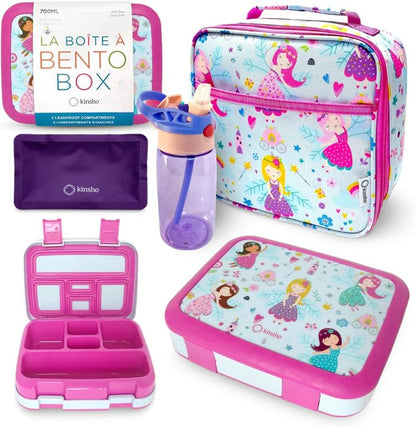 Bento Box with Insulated Lunch Bag Ice Pack Water Bottle for Kids - 5 Compartments, Removable Tray, Meal or Snack Container Girls Toddlers Daycare Pre School, Kindergarten, Pink Purple Fairy Princess - color: Pink Fairy Set