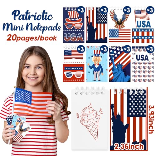 24Pcs Patriotic Mini Notepads, Red White Blue 4th of July Spiral Notebooks Bulk, USA American Pocket Memo Pads for Labor Day Veterans Day 250th anniversary Party Favors Gifts Office School Supplies - style: Patriotic