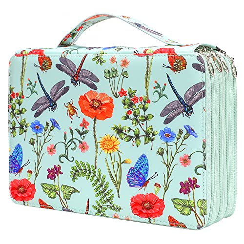 Vomgomfom 200 Slots Pencil Bag, 4-Layer Zipper Portable Art Supply Organizer, PU Leather Large Capacity Colored Pencil Case with Handle for 200 Watercolor Pens, Gel Pens (Green) - color: K Pattern Green, size: 200 Slots