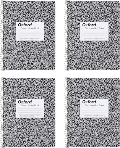 Oxford Spiral Composition Notebooks, 4 Pack, College Ruled Paper, 9-3/4 x 7-1/2 Inches, 80 Sheets, Black Marble Cover (64951) - size: College Rule