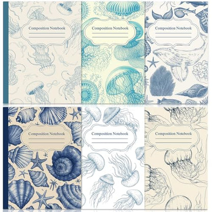 Harloon 6 Pack Composition Notebooks College Ruled Bulk Blue Ocean Composition Notebook 110 Page 7-1/2" x 9-3/4" Retro Aesthetic Journal Back to School Gift for Classroom Office First Day of School - style: Ocean