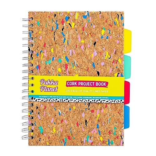 Pukka Pad, Pukka Planet Cork B5 Multi-Subject Notebook – Wire Bound Project Book with 200 Pages, 100 Sheets of FSC Recycled 8mm Lined Paper & Tabbed Dividers for Home, School, & Office, 10.12 x 7.3in - style: Project Notebook