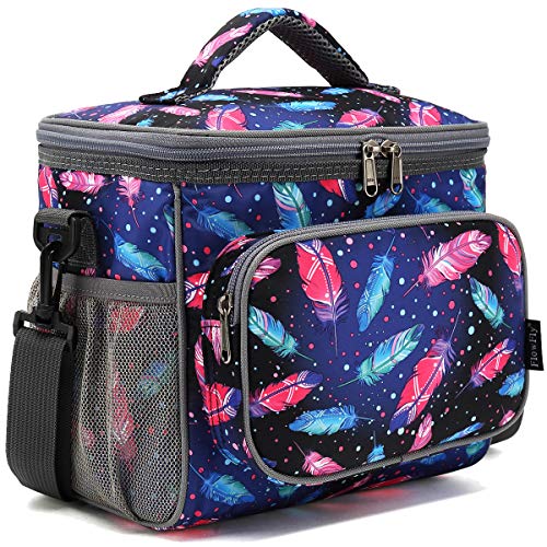 FlowFly Insulated Reusable Lunch Bag Adult Large Lunch Box for Women and Men with Adjustable Shoulder Strap,Front Zipper Pocket and Dual Large Mesh Side Pockets,Feather - color: Feather