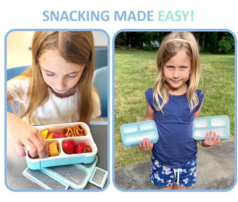 Small Snack Containers for Kids Toddlers - 3 Compartments (Set of 2) - Leak-Proof Reusable Boxes with Lids - BPA-Free Plastic Mini Bento Lunch Box - Holds 2 Cups Capacity (Pastel Blue+Teal Sparkle) - color: Pastel Blue + Teal Sparkle MINI 2pk