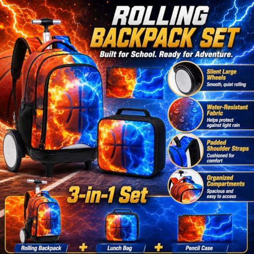 gxtvo Large Wheels & Quiet Glide | Rolling Backpack for Kids - Water-Resistant Wheeled Bag with Lunch Box for School, Travel & Outings - Fire & Lightning Basketball - color: Rolling Backpack Fire Lightning Basketball