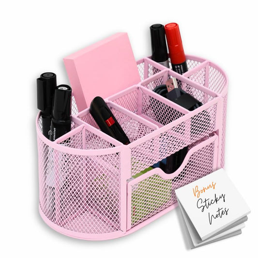 Modern Minimalist 9-Compartment Pink Desk Organizer - Pen Holder with Drawer Tray - Office Supplies Organizer - color: Pink