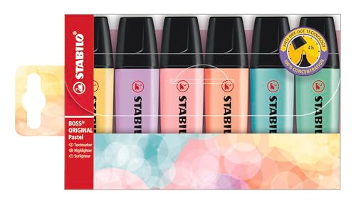 STABILO - BOSS ORIGINAL Pastel - Highlighter - Pack of 6 - Milky Yellow, Creamy Peach, Pink Blush, Lilac Haze, Hint of Mint, Touch of Turquoise - color: Milky Yellow, Creamy Peach, Pink Blush, Lilac Haze, Hint of Mint, Touch of Turquoise, size: 6 Count (P