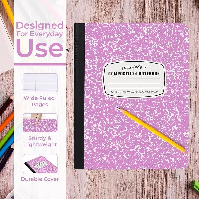 Paper Rite Assorted Marble Composition Notebook Wide Ruled (9.75x7.5 in), 100 Sheets | 200 Pages | For School, Office, Students, Teachers (2, Blue & Pink)