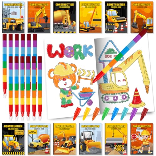 BenLouis 24 Construction Mini Coloring Books Kids with 24 Stacking Crayons Excavator Theme Party Favors Activity Books Bulk for Kids Construction Birthday Goodie Bag Gift Stuffer Classroom Reward - style: Construction