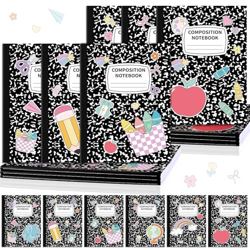 6 Pack Large Composition Notebooks Bulk 9.8 × 7.5 in Wide Ruled Hard Cover Composition Book Assorted Marble Journal College Ruled Paper for College Office Back to School Supplies(Black and White) - size: 6 Pack, style: Composition