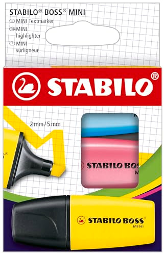 STABILO BOSS Mini Highlighter Set, 3-Color, Yellow, Pink, and Blue - color: Yellow, Pink, and Blue