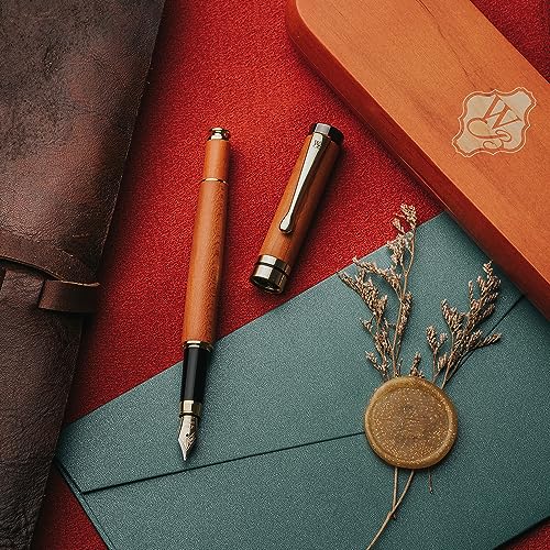 Wordsworth & Black Fountain Pen Set, Luxury Bamboo Wood - Medium Nib, Gift Case; Includes 6 Ink Cartridges, Ink Refill Converter -Journaling, Calligraphy; Drawing, Smooth Writing [Cherry Wood] | Cherry Wood, Gift for Men Women, German Iridium 18K Gilded,