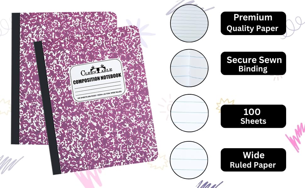 CLEENTABLE Composition Notebook 5 Pack, Wide Ruled Paper, Marble Cover Notebooks for School, 9.75 x 7.5 Inches, 100 Sheets (200 Pages), Sewn Binding Comp Books, Purple