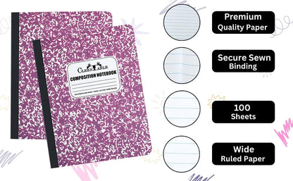 CLEENTABLE Composition Notebook 5 Pack, Wide Ruled Paper, Marble Cover Notebooks for School, 9.75 x 7.5 Inches, 100 Sheets (200 Pages), Sewn Binding Comp Books, Purple