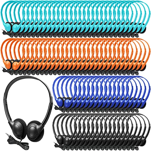 Hoteam 100 Pack Headphones for Classroom Bulk Students Adjustable Headphones Wired Pack Black Over the Head Earphones with 3.5 mm Plug for School Library Museums Charity Donate(Multicolor) - color: Multicolor, style: Classic