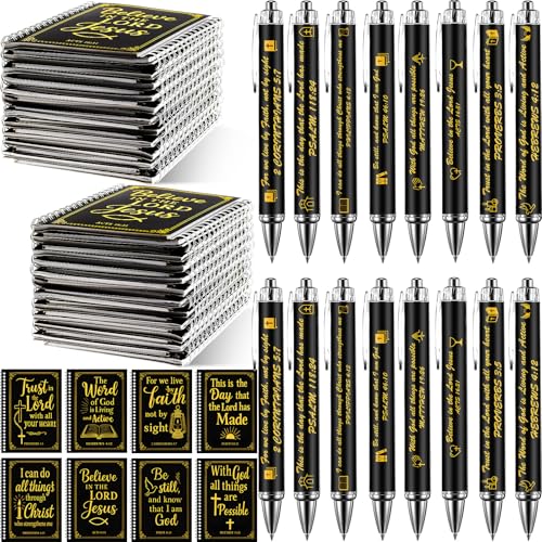 24 Sets Christian Notepads Bible Pens Sets Bulk - Classroom Office Church Religious Gifts - Spiral Thickened Bible Verse Notepad Pens for School Teacher Coworker (Gold Foiling Black) - style: Gold Foiling Black