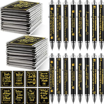24 Sets Christian Notepads Bible Pens Sets Bulk - Classroom Office Church Religious Gifts - Spiral Thickened Bible Verse Notepad Pens for School Teacher Coworker (Gold Foiling Black) - style: Gold Foiling Black