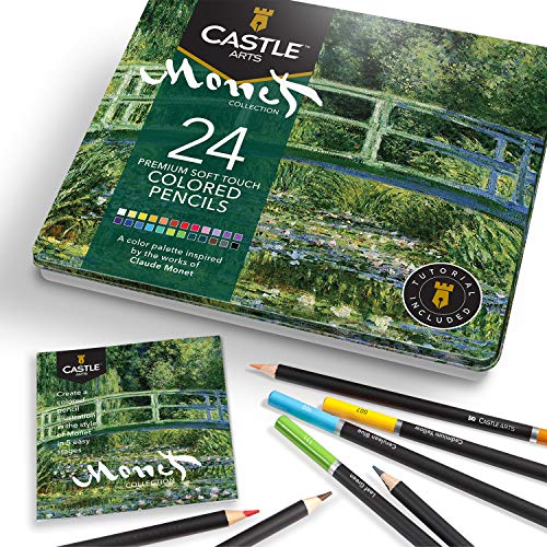 Castle Arts Themed 24 Coloured Pencil Set in Tin Box, perfect ‘Monet’ inspired colours. Featuring quality, smooth coloured cores, superior blending & layering performance achieving great results - color: Monet
