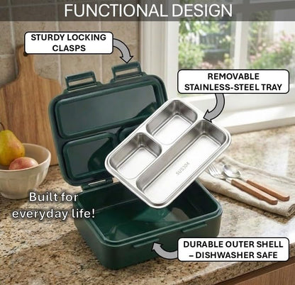 Stainless Steel Bento Box with Vacuum-Seal Valve (Leak-Proof) – 3-Compartment Medium Lunch Container (8.8" x 6.9") – Easy-Open Air Vent, Removable Tray & Spoon (Green)