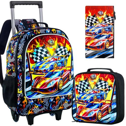 HPJGD 3PCS Car Rolling Bookbag for Boys, Kids School Backpack with Wheels, Water Resistant UV Printed Roller Wheeled Bookbag Set with Lunch Box - color: 3PCS Boys Rolling Backpack