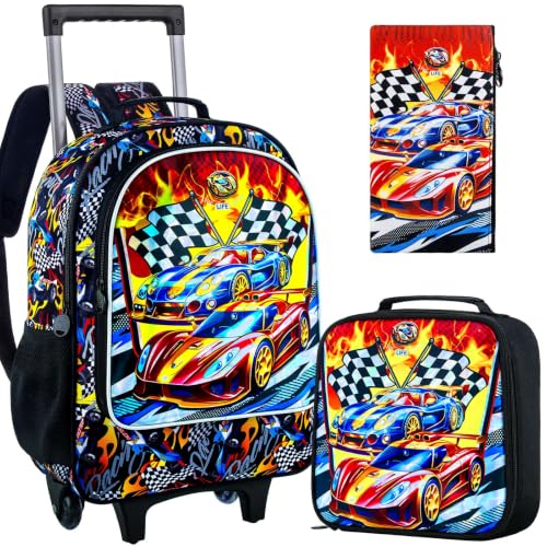 HPJGD 3PCS Car Rolling Bookbag for Boys, Kids School Backpack with Wheels, Water Resistant UV Printed Roller Wheeled Bookbag Set with Lunch Box - color: 3PCS Boys Rolling Backpack