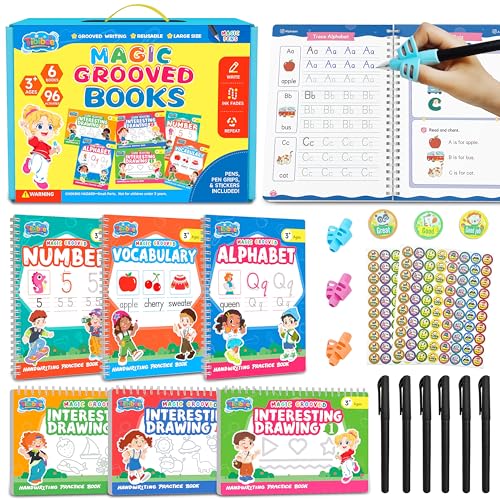 Magic Grooved Writing Practice for Kids, Reusable Grooved Workbook | Handwriting Practice for Kids Ages 3-8 - with Disappearing Ink, Letters Numbers & Tracing Books, Large Preschool Gift Set